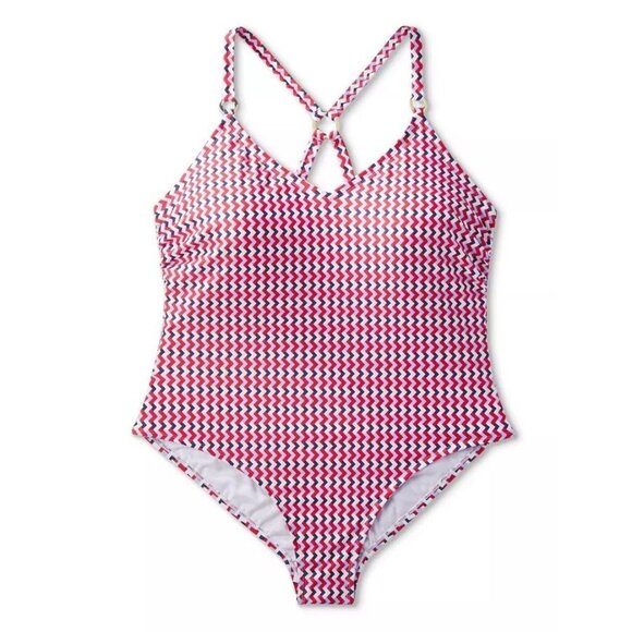 Kona Sol Red & Blue Geo Print w/ Ring Strap Detail 1 Pc Swimsuit - Picture 3 of 8